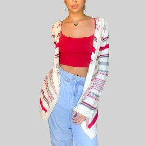striped knit cardigan hoodie in gray, red, and off white
